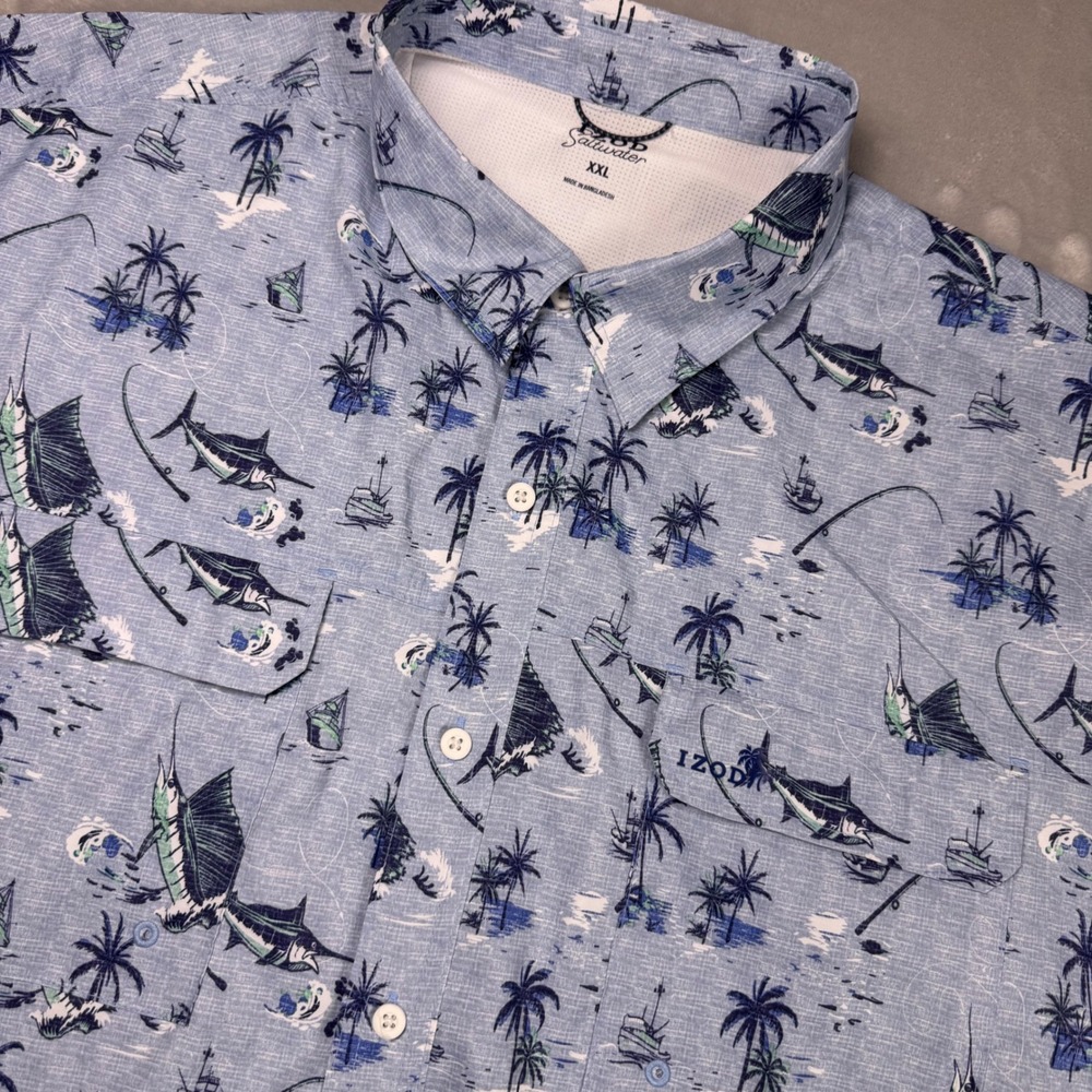Izod‎ Saltwater Vented Blue Marlin Fishing Palm Tree Mens XXL SS Button Up Shirt